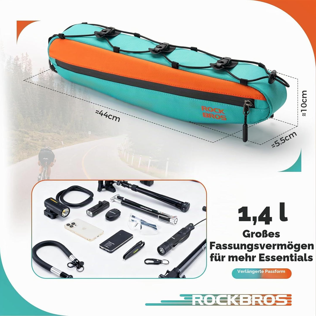 ROCKBROS Fahrrad Rahmentasche Lenkertasche 44 cm Extra Lang, Schmale 1,4L aus Polyester, Werkzeugtas
