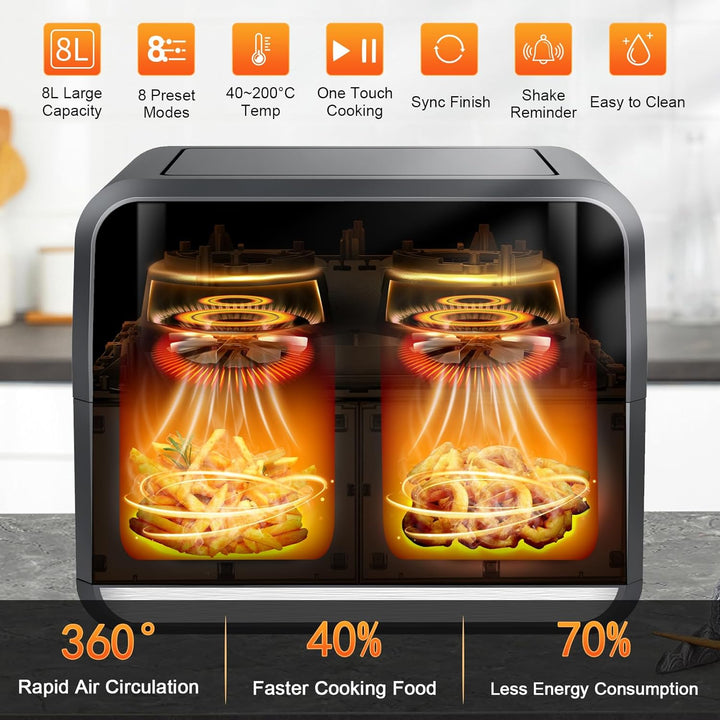 Uten Doppel Heissluftfritteuse, 8L Heissluftfritteuse Dual Zone, XXL Airfryer mit 2 Kammern, Silikon