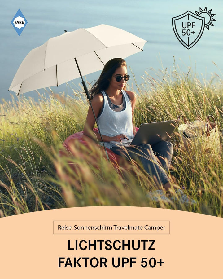 FARE Reise-Sonnenschirm Travelmate Camper UV Schutz 50+ für Koffer Flugzeug Camping Balkon Strand Ga