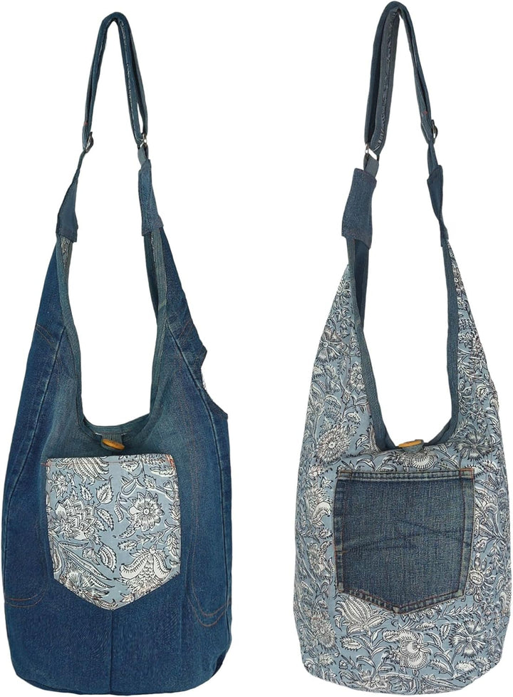 Sunsa Damen nachhaltige Hobo Tasche. Umhängetasche aus recycelte Jeans & Baumwolle. Boho blumig Cros