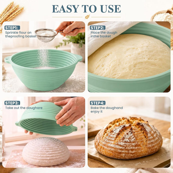 2 Stück Silikon Gärkörbchen für Brot, 29 cm Oval und 25 cm Rund, Eingebauter Verstärkter Stahlfelgen