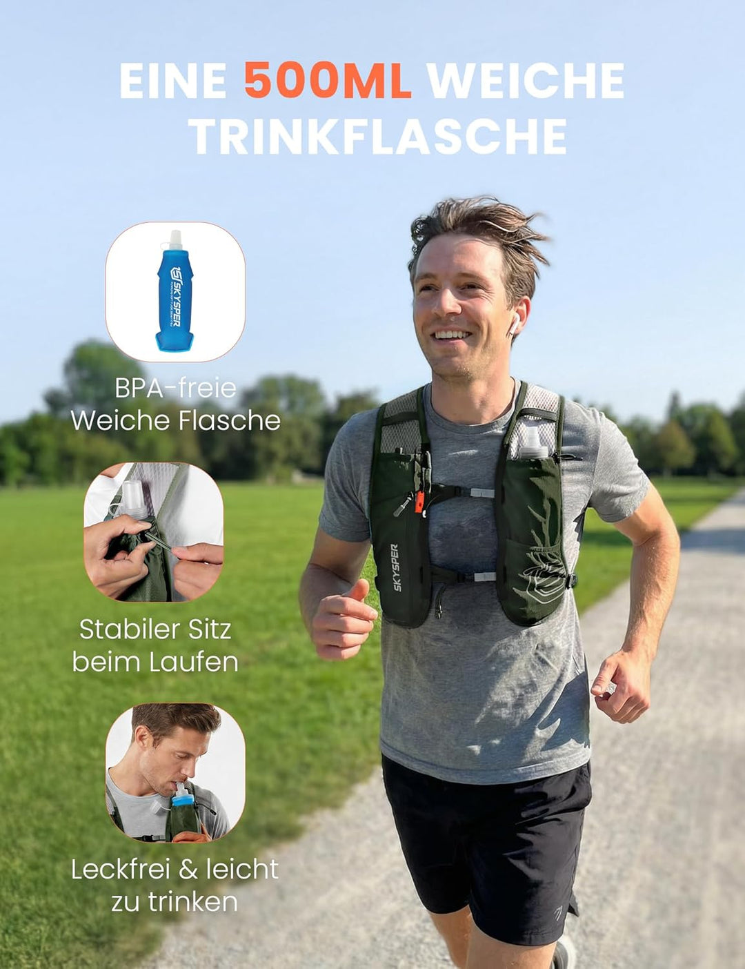 SKYSPER Laufweste für Damen Herren 12L Laufrucksack mit 500ml Trinkflasche Reflektierende Trinkweste