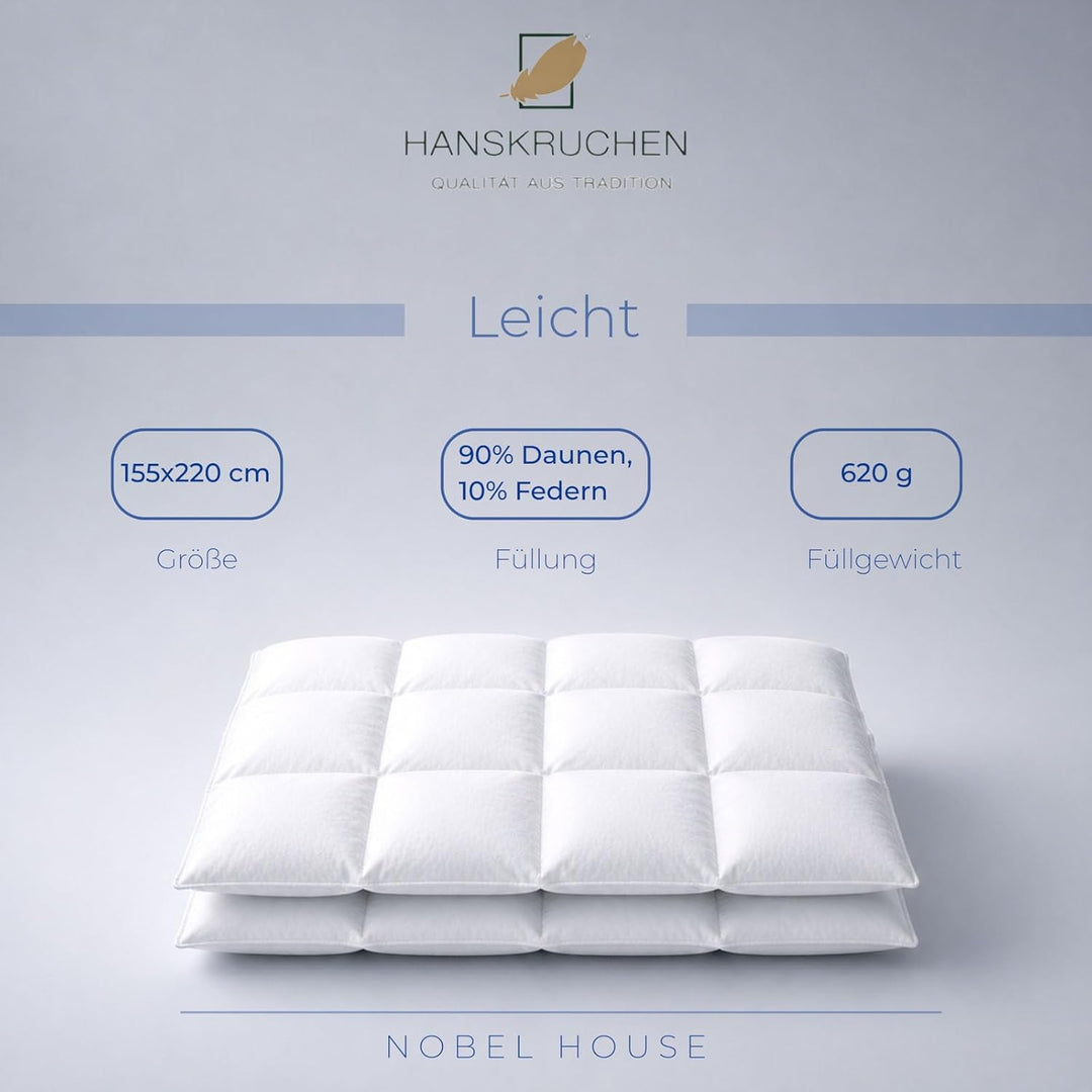 Hanskruchen Nobel House Luxus Daunendecke, Leicht, 90% Daunen / 10% Federchen, 155 x 220 cm, 155 x 2
