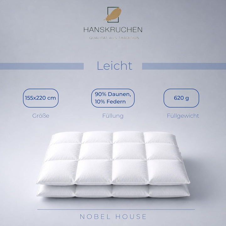 Hanskruchen Nobel House Luxus Daunendecke, Leicht, 90% Daunen / 10% Federchen, 155 x 220 cm, 155 x 2
