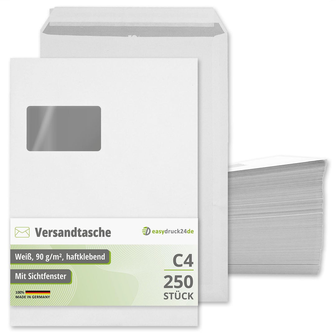 easydruck24de Umschläge mit Fenster DIN C4-250 Stück I Versandtaschen haftklebend mit Abdeckstreifen