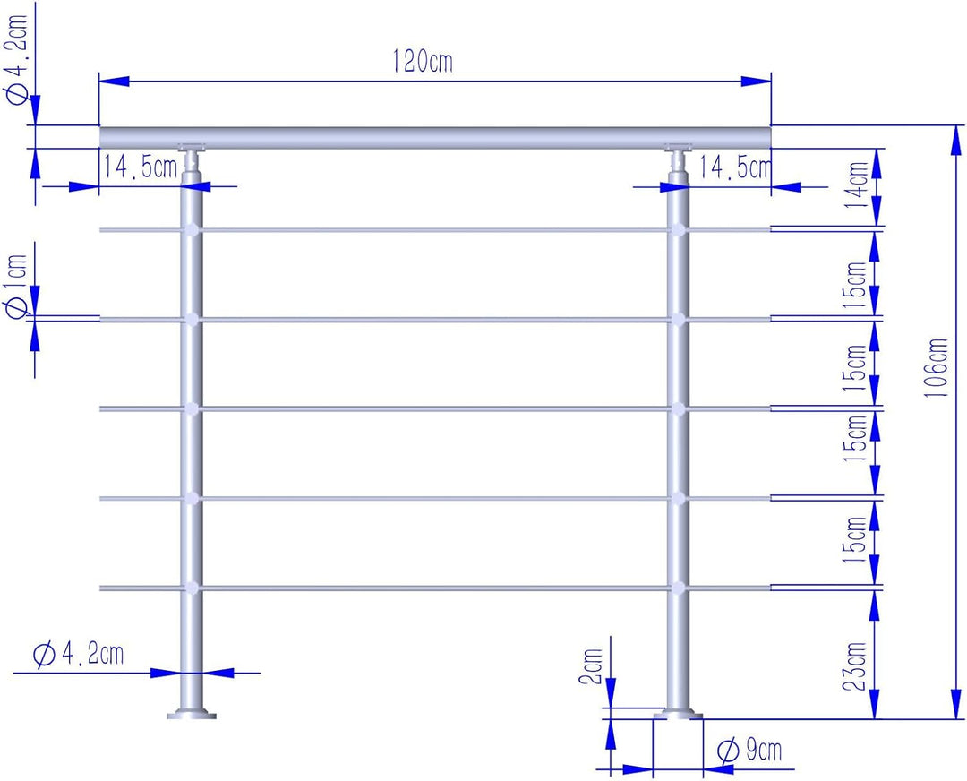 CAVATINY Edelstahl Handlauf Geländer für Treppen Brüstung Balkon mit 5 Querstreben - Innen und Ausse