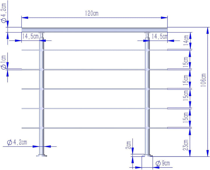 CAVATINY Edelstahl Handlauf Geländer für Treppen Brüstung Balkon mit 5 Querstreben - Innen und Ausse