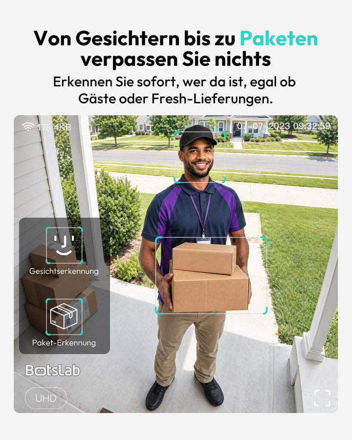 BOTSLAB 2K Akku Solar Türklingel mit Kamera, 100% Kabellose Video Türklingel mit Solarpanel, Kopf-bi