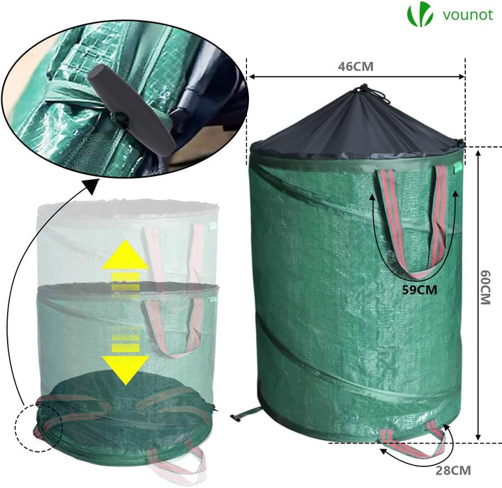 VOUNOT Pop Up Gartensack mit Griffen und Kordelzugverschluss 3er Set 100 L, Faltbarer Laubsack Selbs