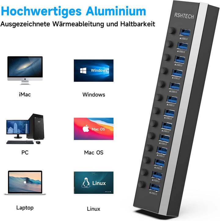 RSHTECH RSHTECH RSH-A13-5 Aluminium USB Hub Active 3.0 mit Netzteil 72 W 12 V/6 A, 13-Port USB Hub A