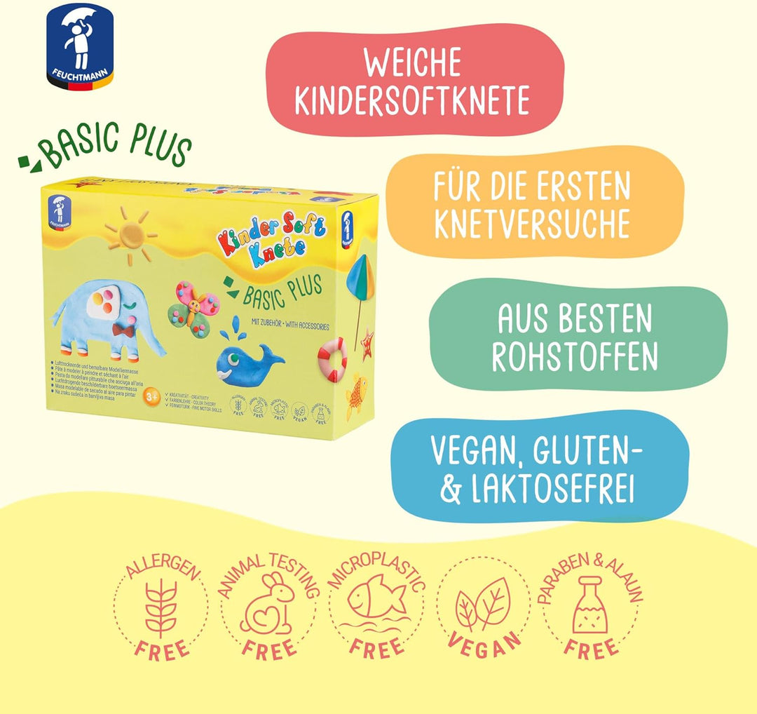 Feuchtmann KINDER SOFT KNETE Basic Plus - 6 x 150g weiche Kinderknete mit Zubehör, ungiftig, vegan u