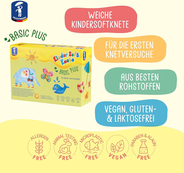Feuchtmann KINDER SOFT KNETE Basic Plus - 6 x 150g weiche Kinderknete mit Zubehör, ungiftig, vegan u