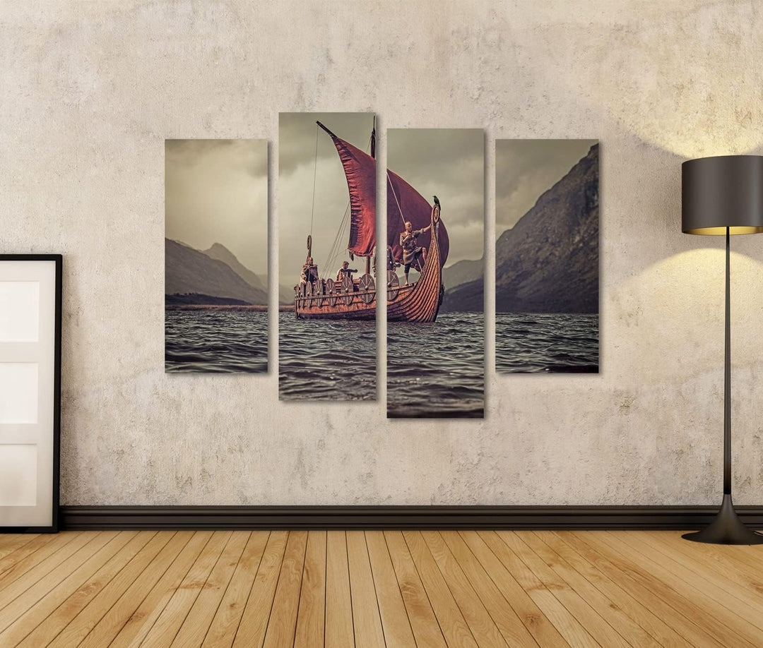 islandburner Bild auf Leinwand Gruppe Wikingern Auf Dem Meer Drakkar Berge Bilder Wandbilder Poster