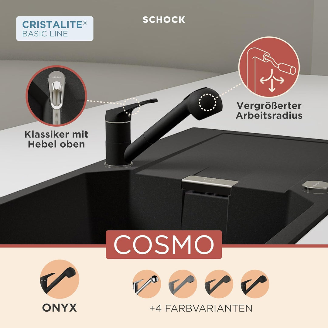 Schock 525122GON Küchenarmatur Cosmo Onyx – Schwarze Hochdruck Armatur mit ausziehbarer Schlauchbrau