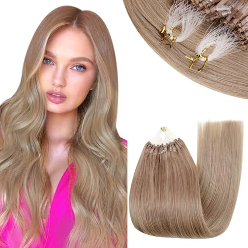 RUNATURE Extensions Micro Braun Ombre Echthaar Balayage Lang 55cm Micro Bead Hair Extensions Echthaa