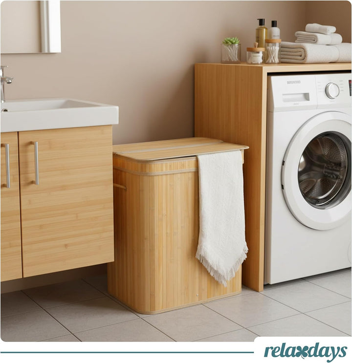 Relaxdays Wäschekorb mit Deckel, Bambus, 150 l, 3 Fächer, HxBxT: 61,5 x 61 x 41,5 cm, Badezimmer Wäs