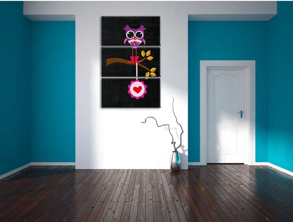 Pixxprint Süsse Eule auf AST mit Anhänger als Leinwandbild/Grösse: 3 Teilig (120x80) cm/Wandbild/Kun