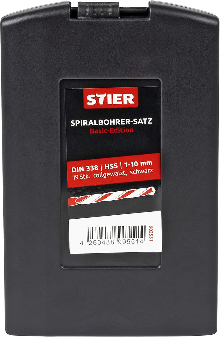 STIER Spiralbohrer Set HSS-R, 19-teilig, Basic Metallbohrer Satz, Stahlbohrer Satz, rollgewalzt, zyl