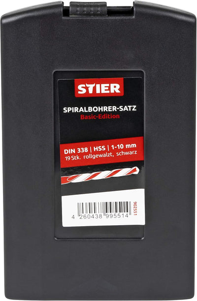 STIER Spiralbohrer Set HSS-R, 19-teilig, Basic Metallbohrer Satz, Stahlbohrer Satz, rollgewalzt, zyl