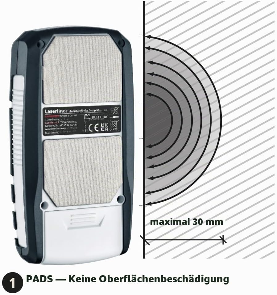 Laserliner Feuchtigkeitsmessgerät, MoistureFinder Compact, Feuchtigkeitsmesser für Holz, Gipsputz un