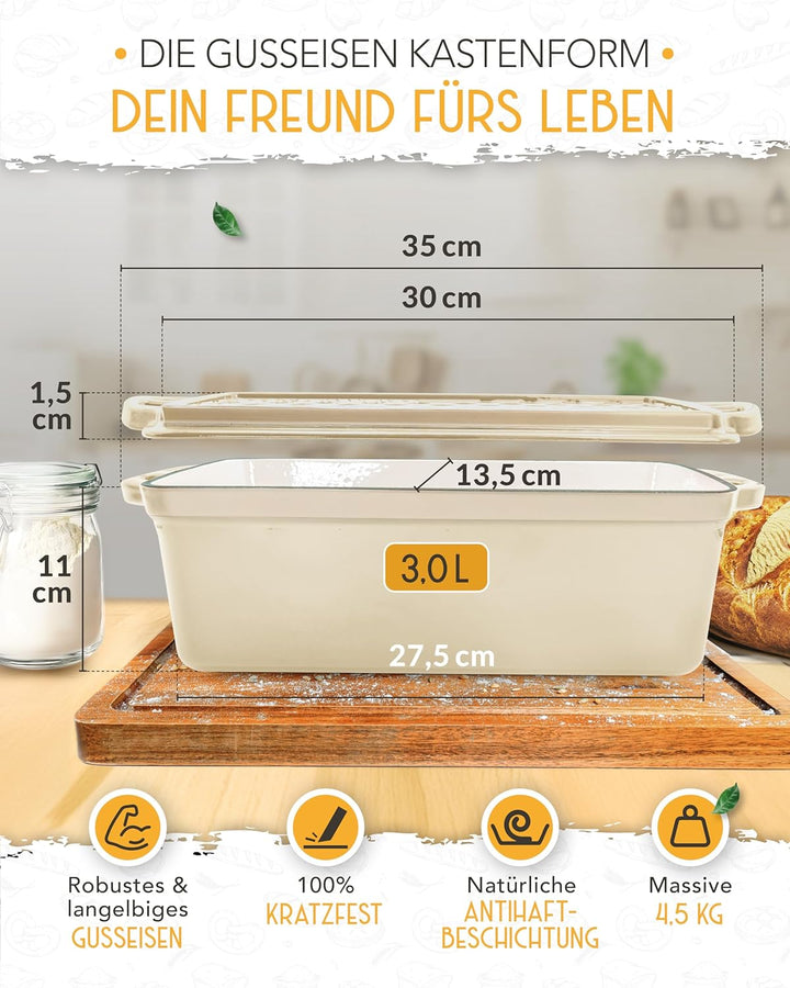 KRUSTENZAUBER Brotbackform mit Deckel emailliert im XXL-Komplettset - Robuste 28 cm Gusseisen Brotba