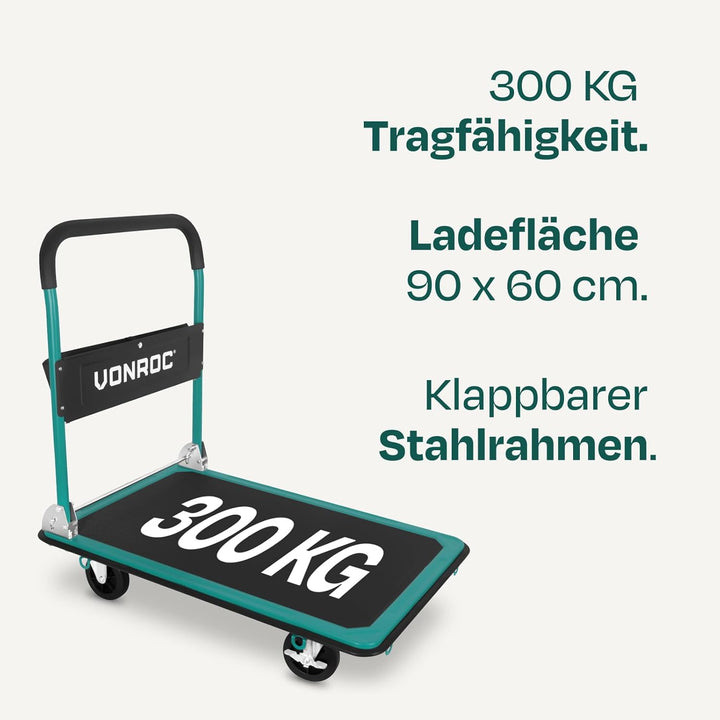 VONROC Transportwagen klappbar 300kg - Plattformwagen als Transporthilfe - Rollwagen mit Griff 300 k