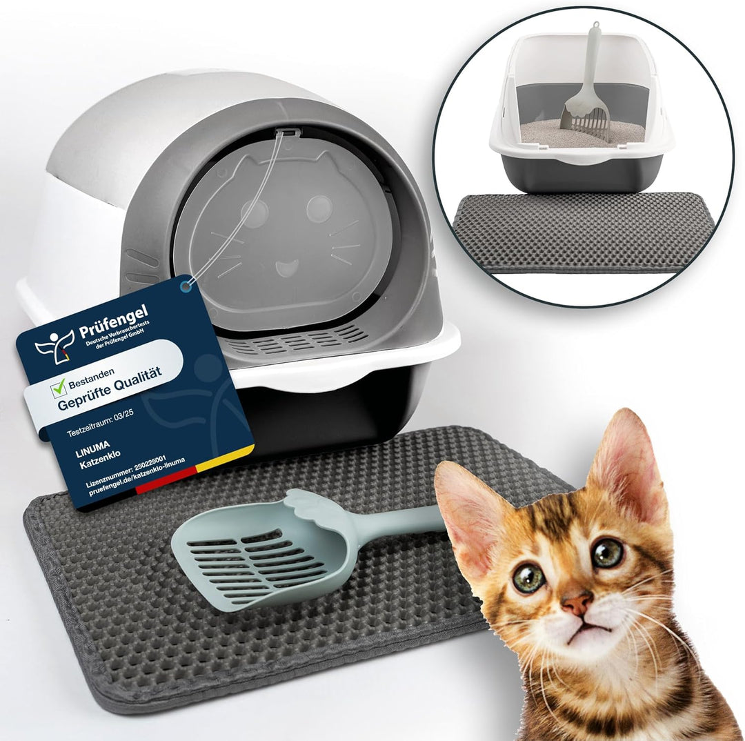 Starter Set Erstausstattung Katze 5-teilig – Katzenklo Grau inkl. Streuschaufel &amp; Matte + Katzenbürs