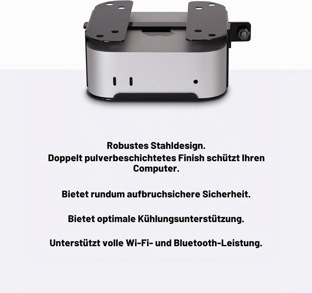 SoNNeT MacCuff mini (2024+): Stahlhalterung zur Montage eines Mac mini (2024) unter einem Tisch, an