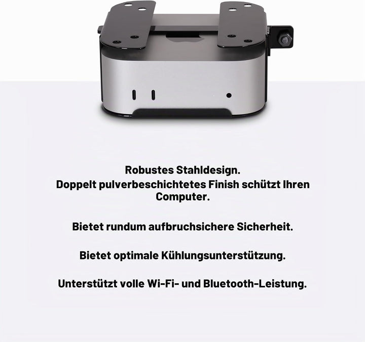 SoNNeT MacCuff mini (2024+): Stahlhalterung zur Montage eines Mac mini (2024) unter einem Tisch, an