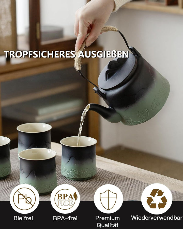ZENS Japanische Teekanne Keramik Mit 4 Tassen, Teeservice für Losen Tee | Matte Geprägtem Teekanne J