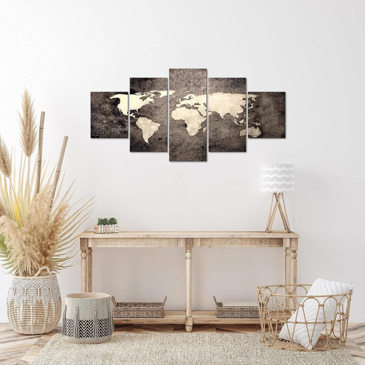 Runa Art Wandbilder Weltkarte 5 Teilig Bild auf Vlies Leinwand Deko Büro Wohnzimmer Vintage Antik Br