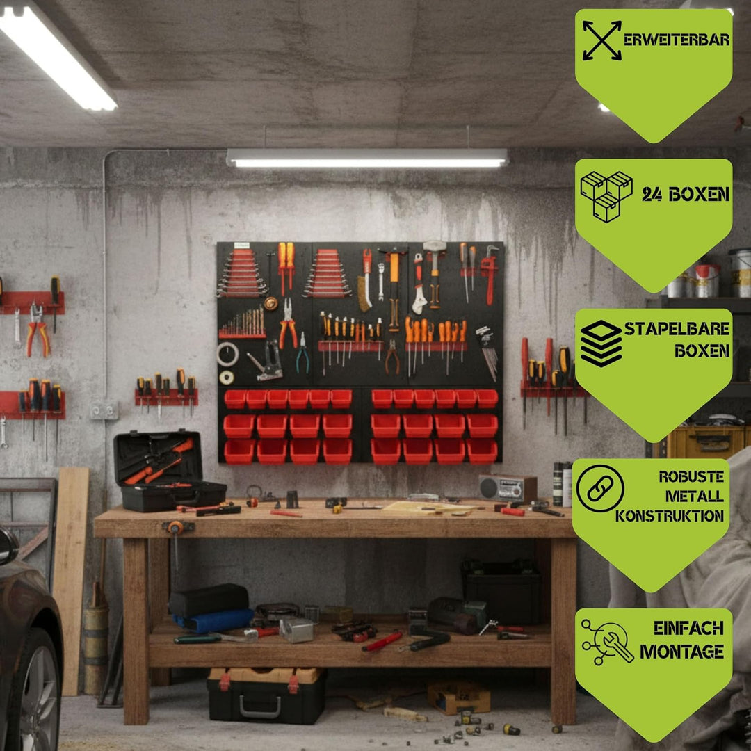 botle® Werkzeugwand Lochwand aus Metall, Stapelboxen + Wandregal + Werkzeughalter 51-tlg Set, Kleint