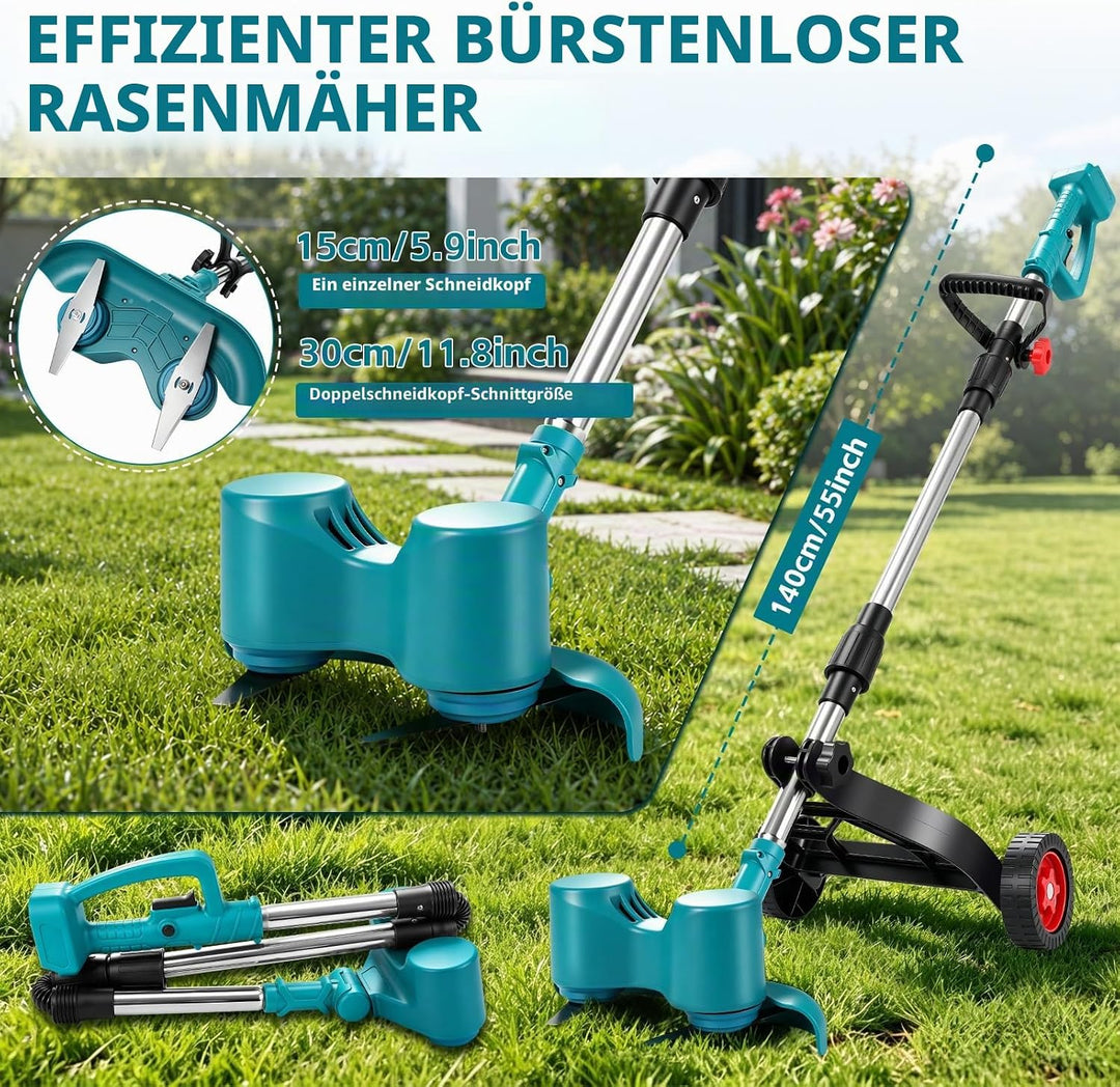 Akku-Rasentrimmer mit 3000mAh Akku, Doppelkopf-Rotationsrasenmäher | 20000 U/min, 6x Klingen, Stützr