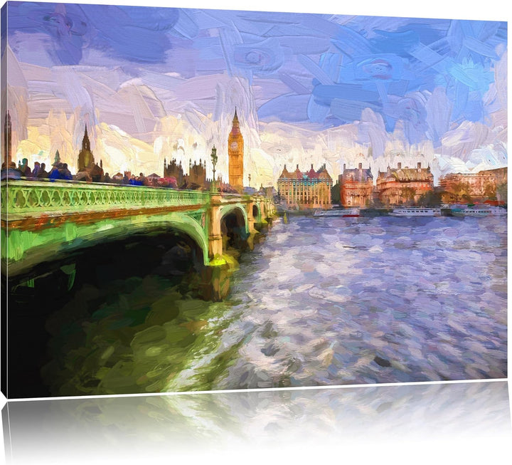 Pixxprint Big Ben mit Brücke in London Pinsel Effekt, Format: 100x70 auf Leinwand, XXL riesige Bilde