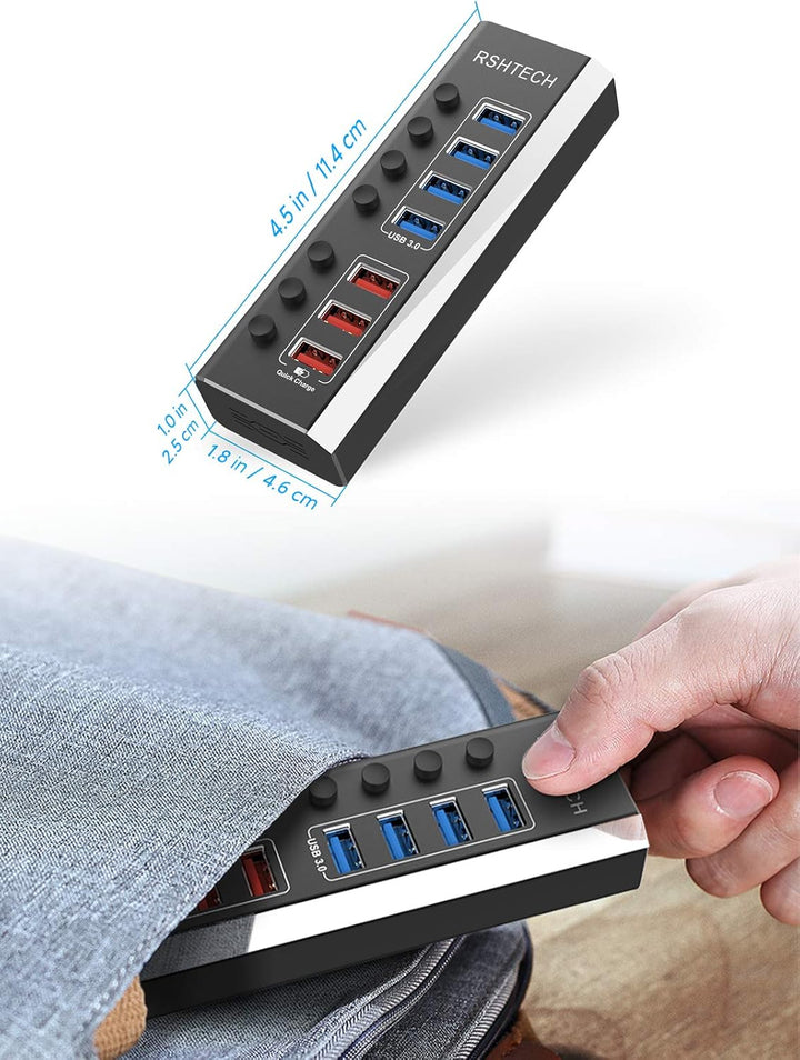 RSHTECH Aluminium USB Hub Aktiv 3.0 mit 36W Netzteil, mit 3*Schnellladeanschluss, 4*USB 3.0 Datenans