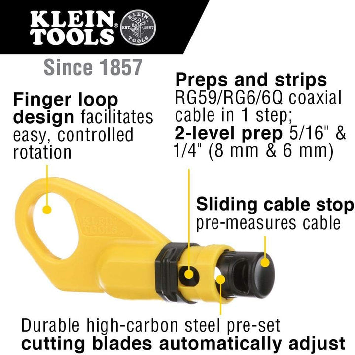 KLEIN TOOLS Abisolierwerkzeug für Koaxialkabel, 2 Stufen, radial Koax-Abisolierer RG59, RG6, RG6-QS,