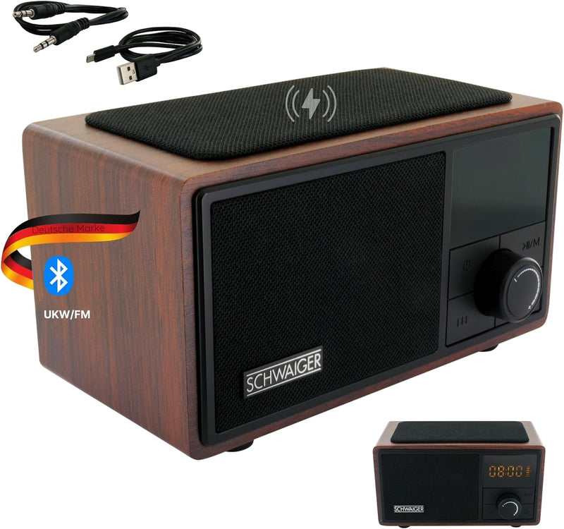 SCHWAIGER 715729 Analoger Radiowecker QI Ladestation UKW FM Bluetooth Lautsprecher Musikbox Radio AU