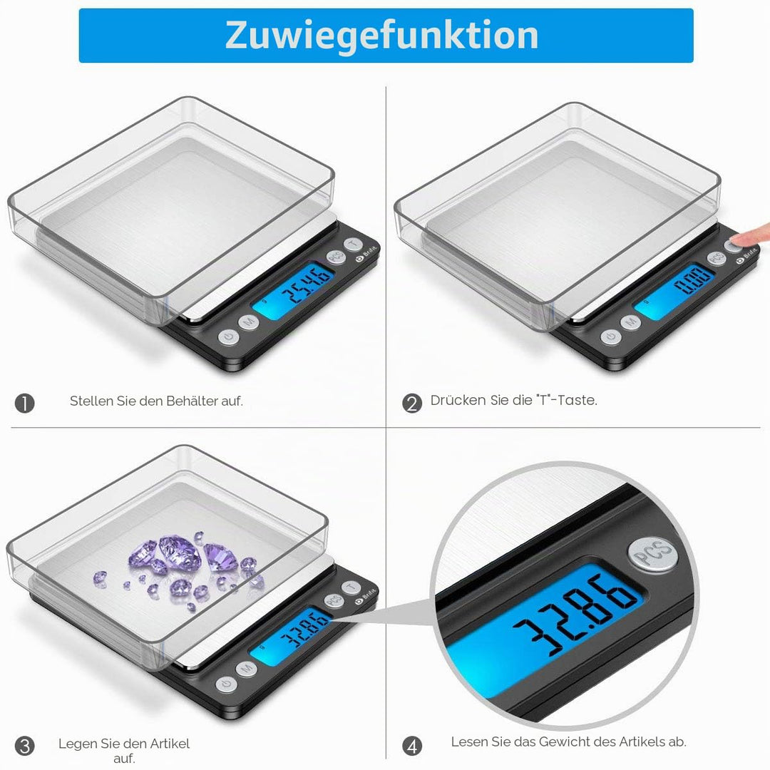 Brifit Feinwaage 0.01g, 500g / 0,01g Digitale Waage, Taschenwaage mit EIN 100g Edelstahl Kalibrierge