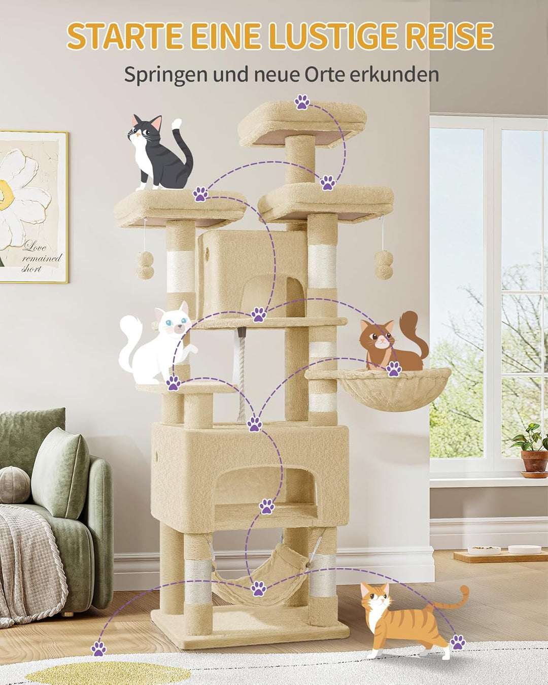 Hzuaneri Kratzbaum, 176cm Katzenbaum, XL, 3 Plattformen, 2 Höhlen, 7 Kratzsäulen, Hängematte, Plüsch
