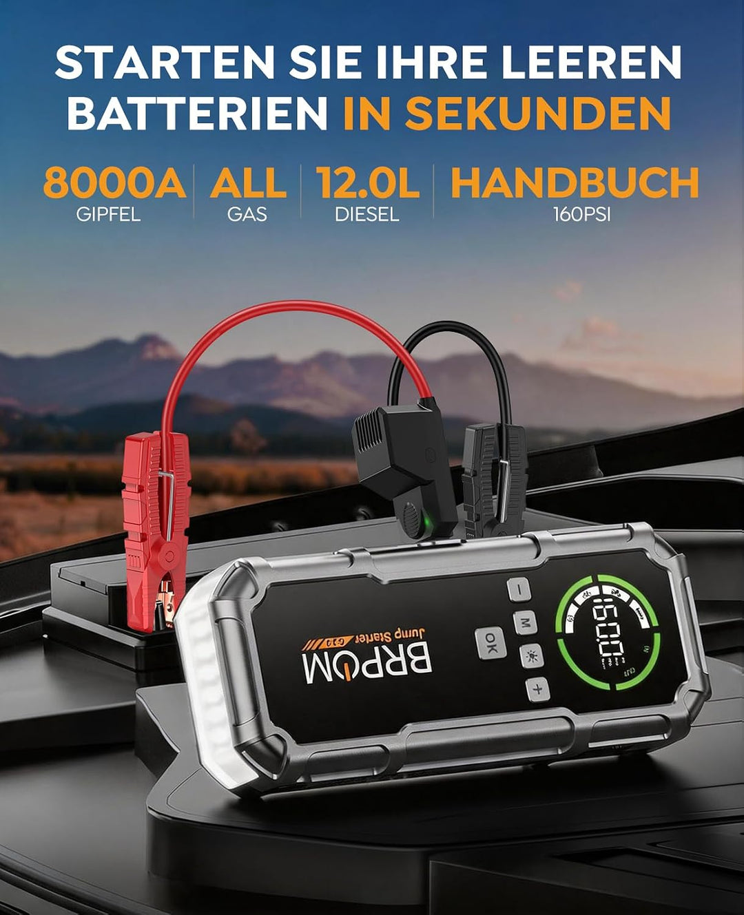 BRPOM Starthilfe Powerbank 8000A, Auto Starthilfe mit Kompressor 160PSI, 26800mAh Batteriestarter fü