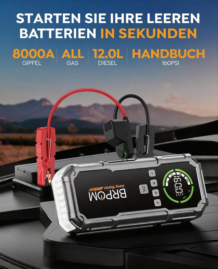 BRPOM Starthilfe Powerbank 8000A, Auto Starthilfe mit Kompressor 160PSI, 26800mAh Batteriestarter fü