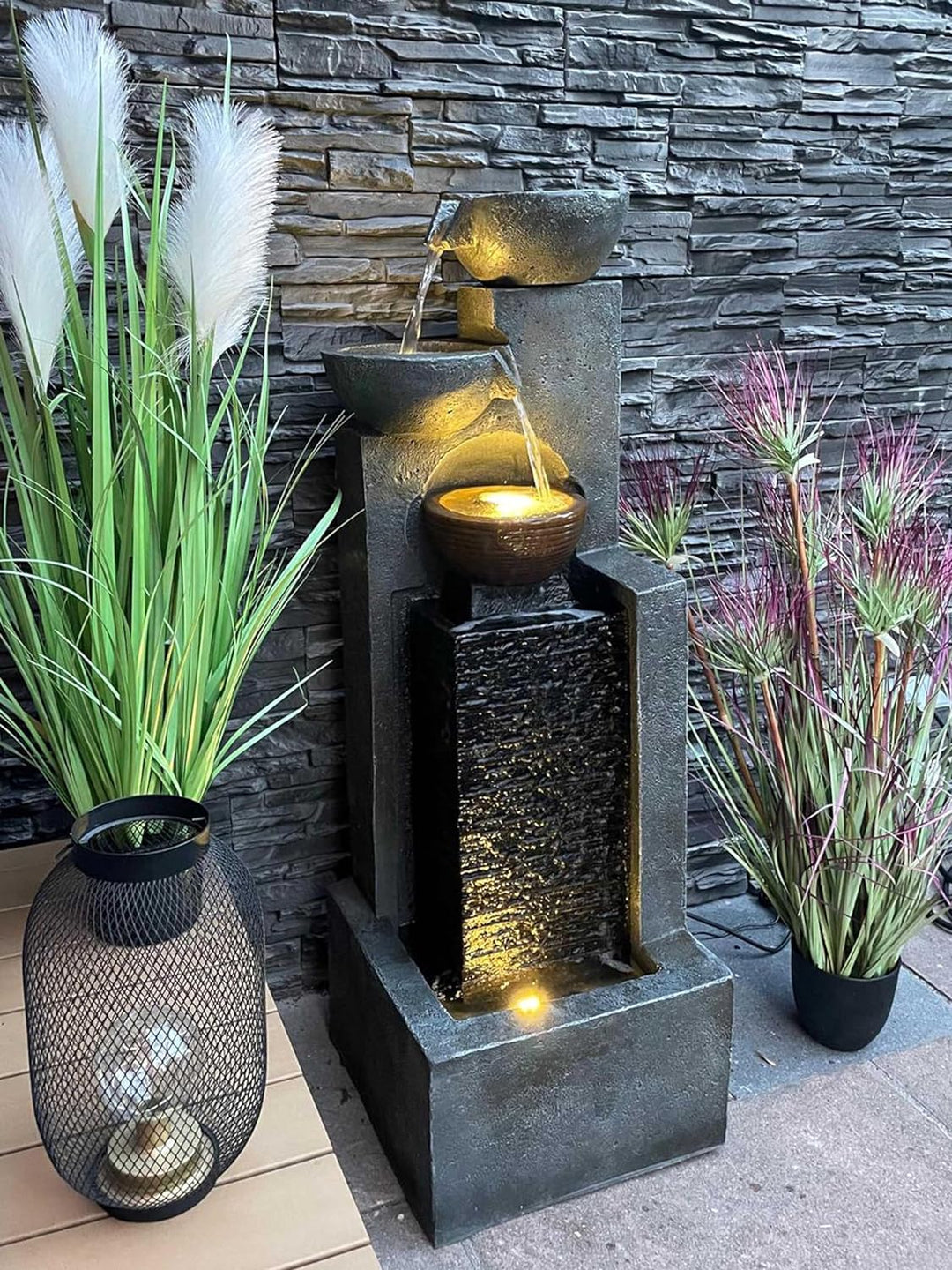 Grosser Gartenbrunnen mit LED Beleuchtung Springbrunnen Kaskade Wasserspiel Gartendekoration