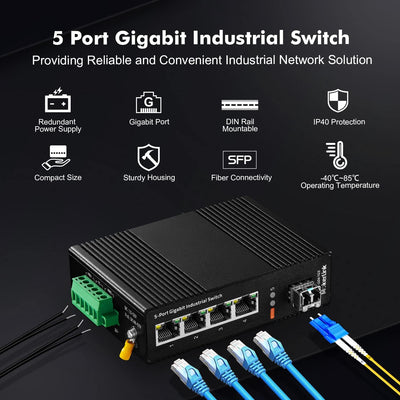 MokerLink 5 Port Gigabit Industrie DIN Schienen Netzwerk Switch, 4 Gigabit Ethernet, 1 Gigabit SFP S