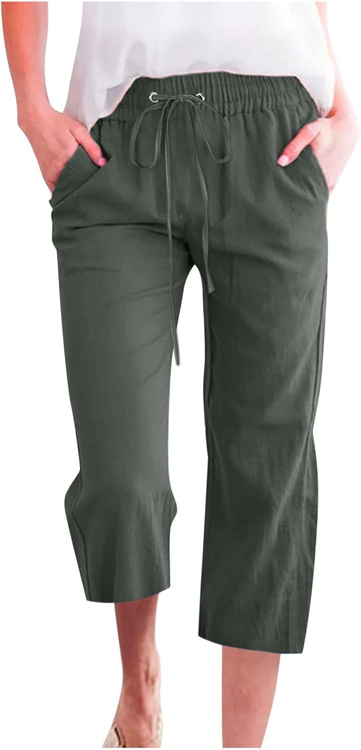 3/4 Hose Damen Sommer Musselin Hose Leinenhose Sommerhose Leicht Caprihose Stretch Straight Leg Frei
