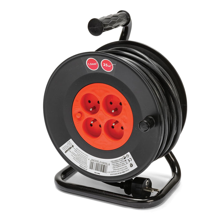 Velamp REEL-FR-25 Verlängerungskabel, elektrisch, 25 m, mit Kabelaufwicklung, 4 Steckdosen, 16 A, Qu