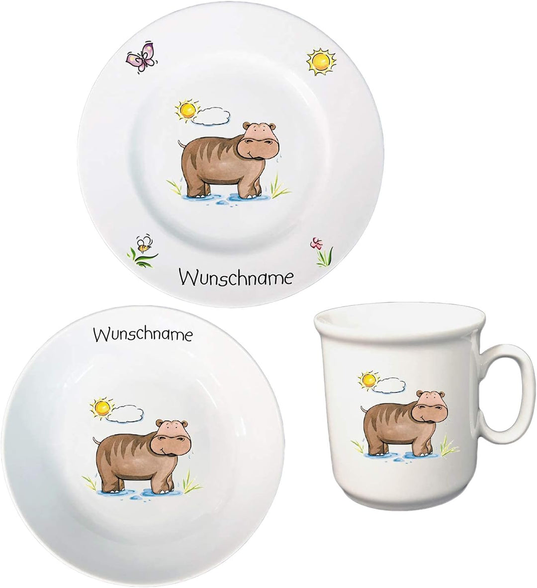 Kindergeschirr personalisiert - Frühstücksservice 3-tlg. Porzellan Tiermotive Teller Becher Schale p