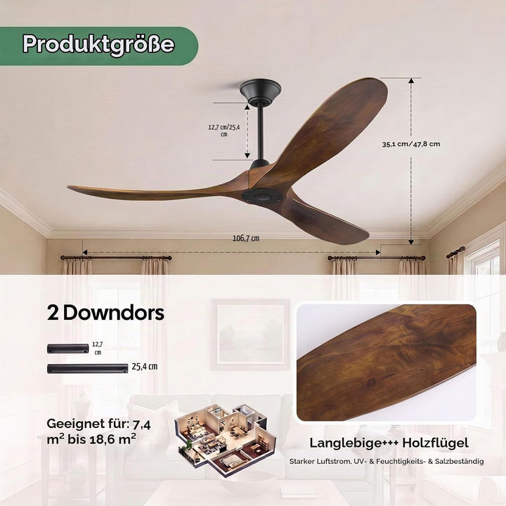 106cm Holz Deckenventilator Outdoor ohne Licht, Rustikaler Bauernhaus Deckenventilator Leise mit Fer