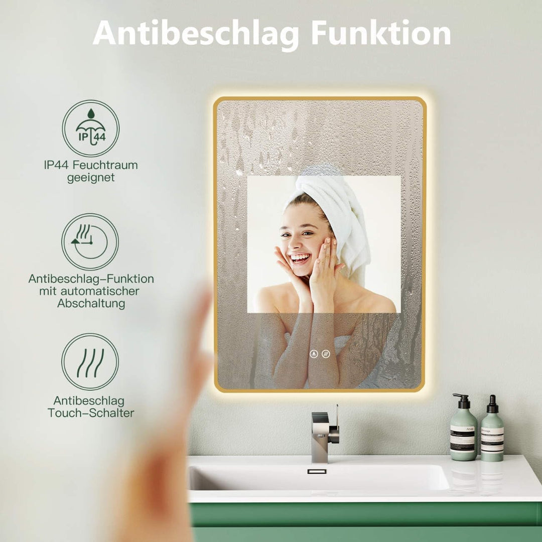 HOKO Anti-Fog LED Badspiegel 100x70 cm / 70x100 cm Ohio mit Goldener Metallrahmen, HOCH+QUER Montage