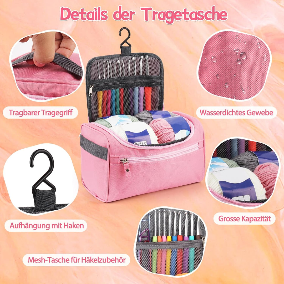 Coopay 73 Stück Häkelset für Anfänger, Tragbar Häkelnadel Set mit 15 Wolle, Tasche, Häkelzubehör, 2,