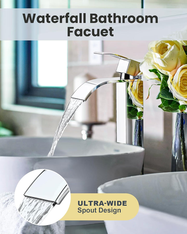 Wasserhahn Bad, Wasserfall Chrom Waschtischmischer mit Auslauf Höhe 224MM Einhebelmischer Edelstahl
